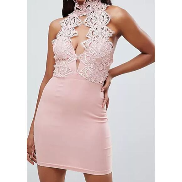 NWT Rare London Women's High Neck Plunge Lace Bodycon Mini Dress Sz XS Pink - Picture 1 of 11
